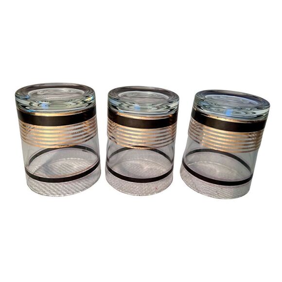 VTG SET 3 MCM Black & Gold Stripe STRIPED Low Ball Rocks Bar Glasses Whiskey - Picture 3 of 12